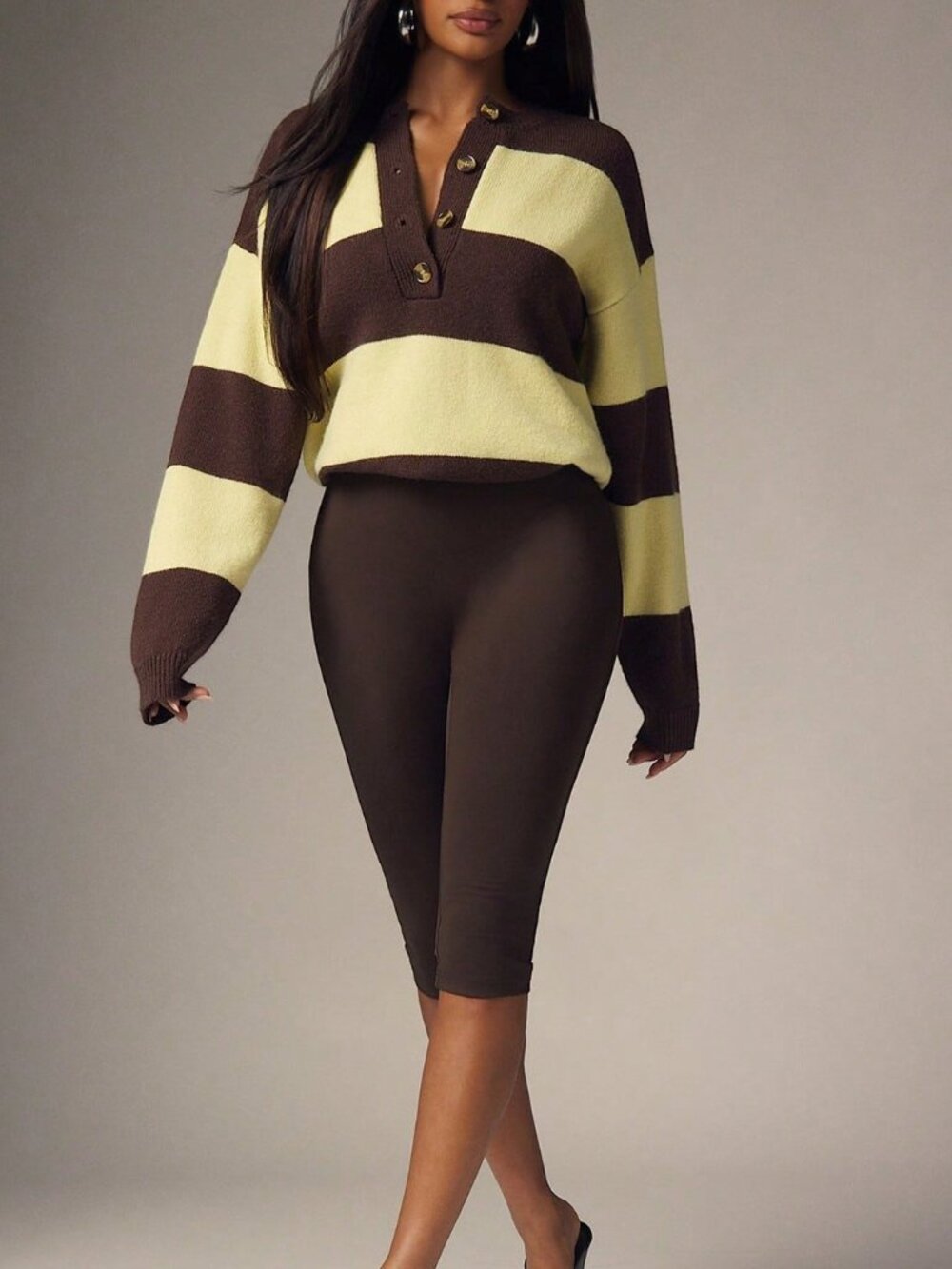 Brown Casual Women's Contrast Striped Button Front Drop Sleeve Pullover - Picture 3 of 6